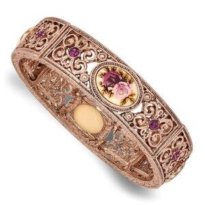 Rose-tone Filigree Pattern Purple Crystal Rose Floral Motif Stretch Bracelet